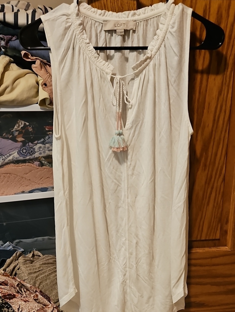 LOFT Ivory Sleeveless Tassel Tie Tank